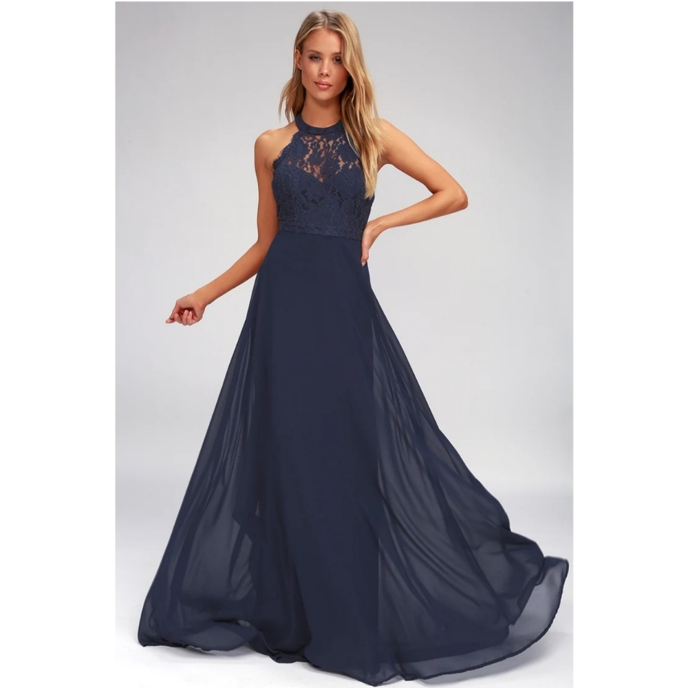 Lulu's "Dance All Evening" Navy Blue Lace Maxi Dress Halter Lace Size S